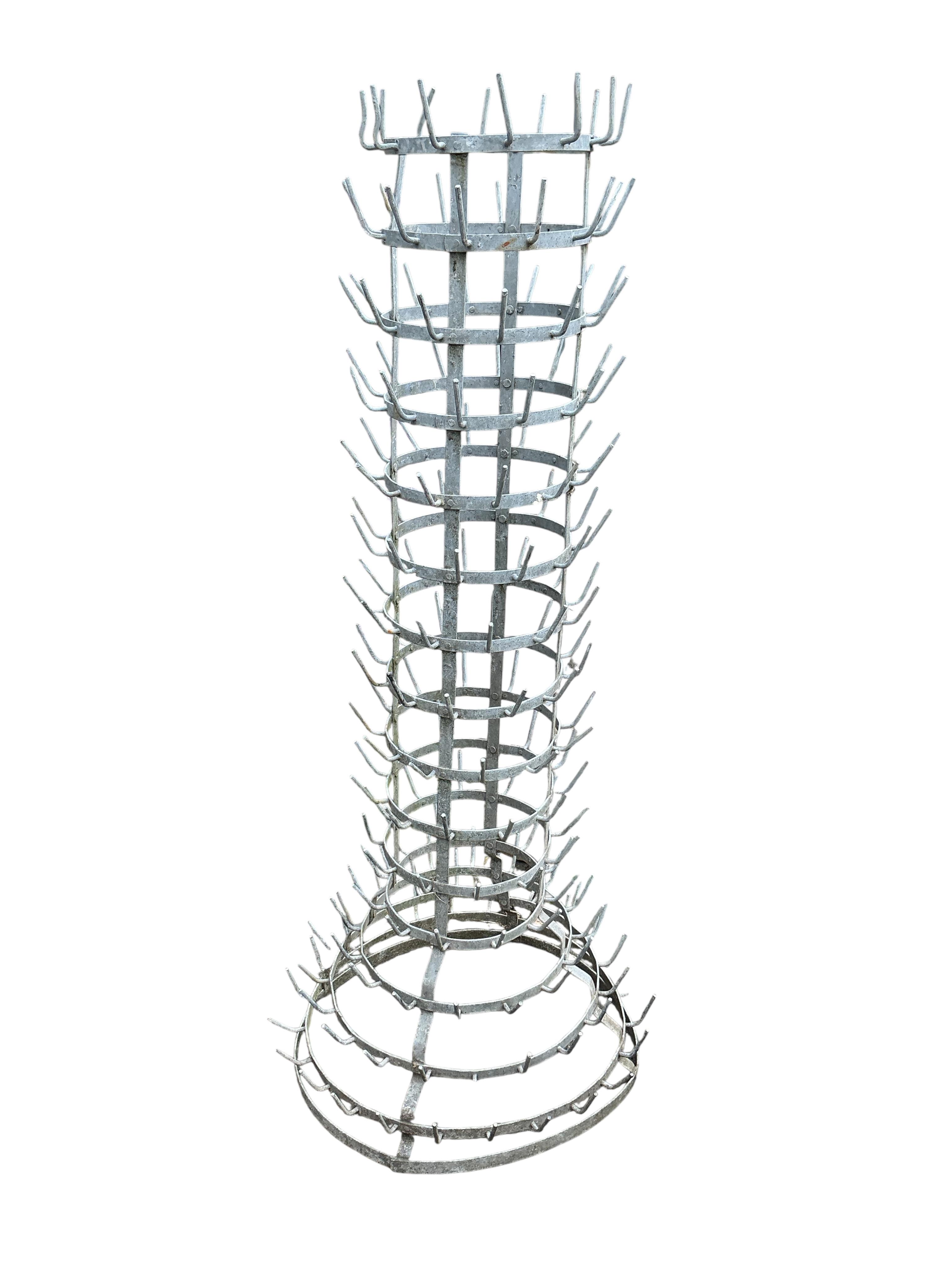 A French galvanised bottle drying stand, height 148cm
